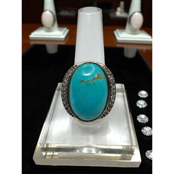 KRH Jewelry - KRH Sterling Silver Oval Turquoise White Spinel Ring Size 7.5